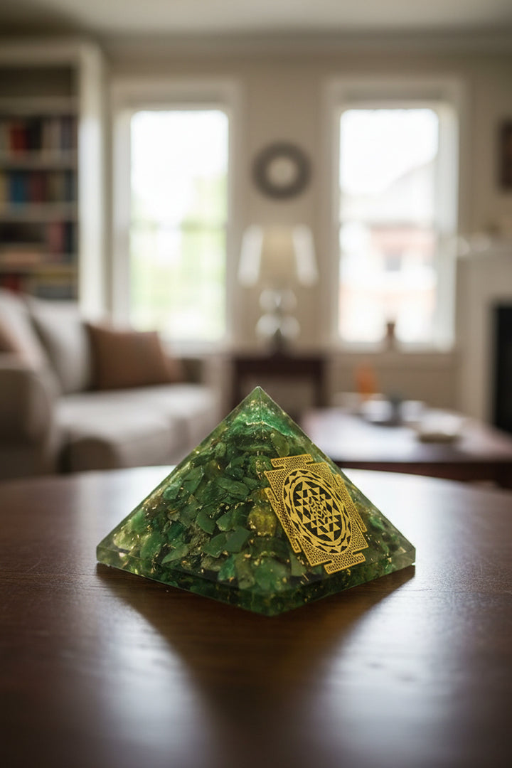2 INCH GREEN MICA SHREE YANTRA CRYSTAL PYRAMID - Harmony  , Prosperity &  Divine Energy