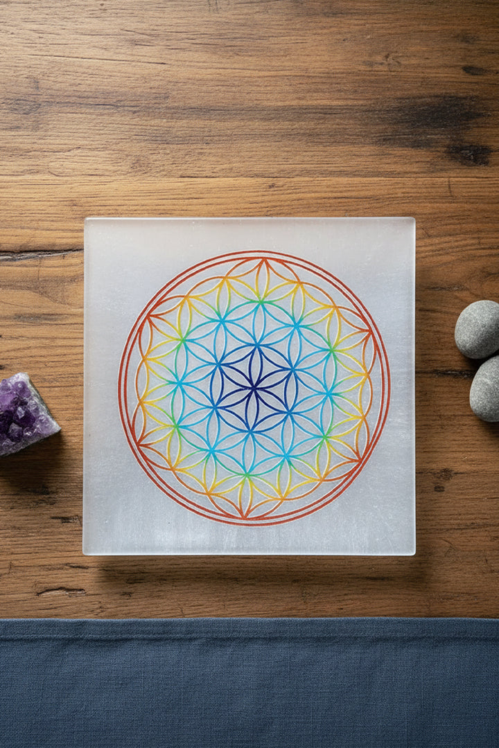 3 INCH - MANDALA COLOR SELENITE CHARGING PLATE - Improves positive energy flow in surroundings