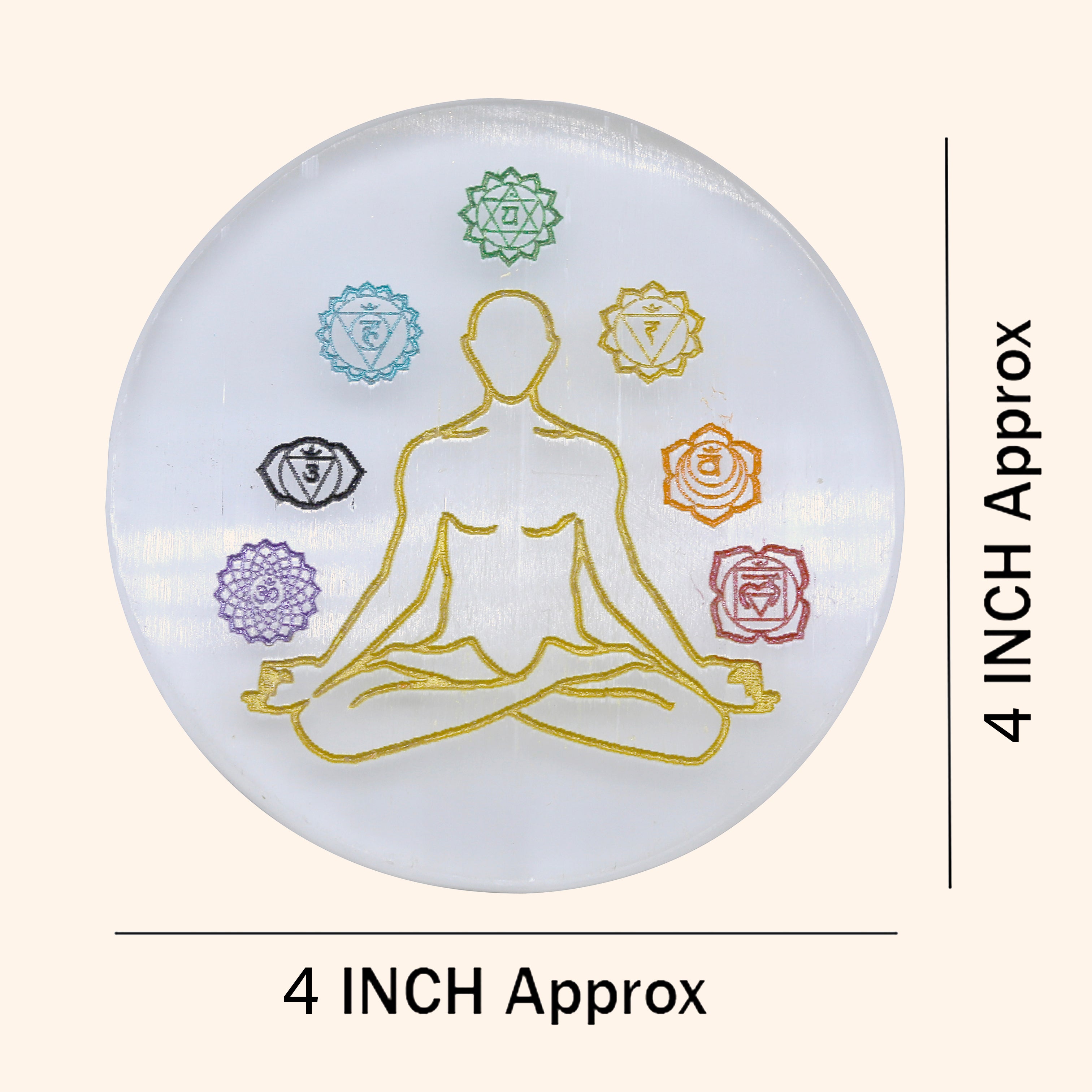 VASTU VARDAN CRYSTAL 7 CHAKRA ROUND SELENITE PLATE 4 INCH