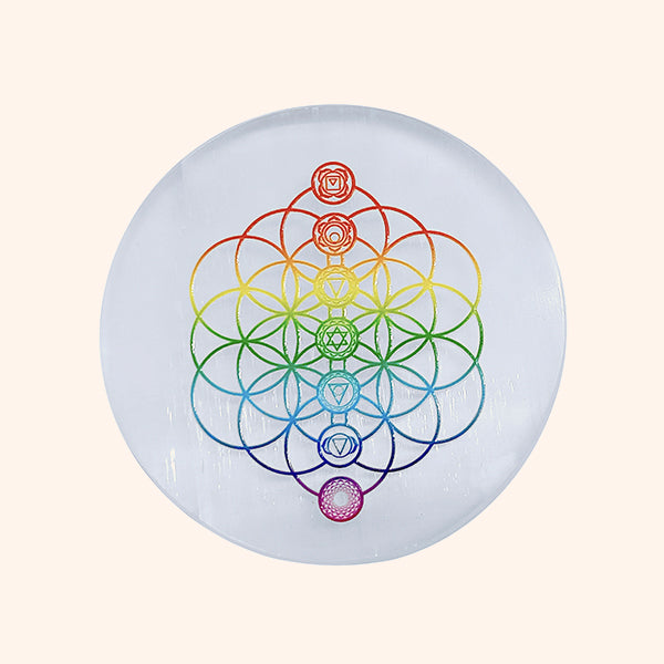 7 CHAKRA FLOWER SELENITE CHARGING ROUND PLATE 3 INCH