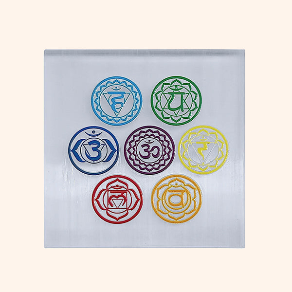7 CHAKRA HINDI SQUARE SELENITE CHARGING PLATE 3 INCH