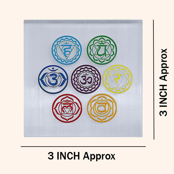 7 CHAKRA HINDI SQUARE SELENITE CHARGING PLATE 3 INCH