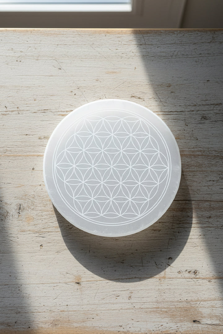3 INCH - MANDALA ROUND CRYSTAL SELENITE PLATE - Spiritual & chakra healing practices