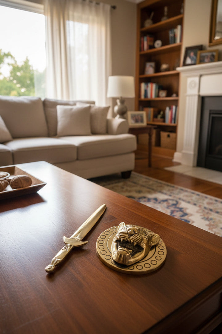 VASTU VARDAN BRASS LION WITH TALWAR STATUE
