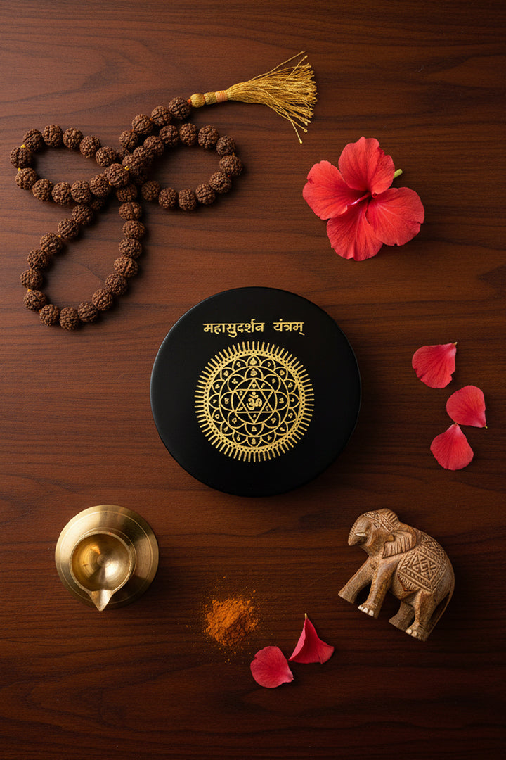 3 INCH - MAHASUDHARSHAN YANTRA BLACK OBSIDIAN CRYSTAL PLATE - Divine Energy Protection