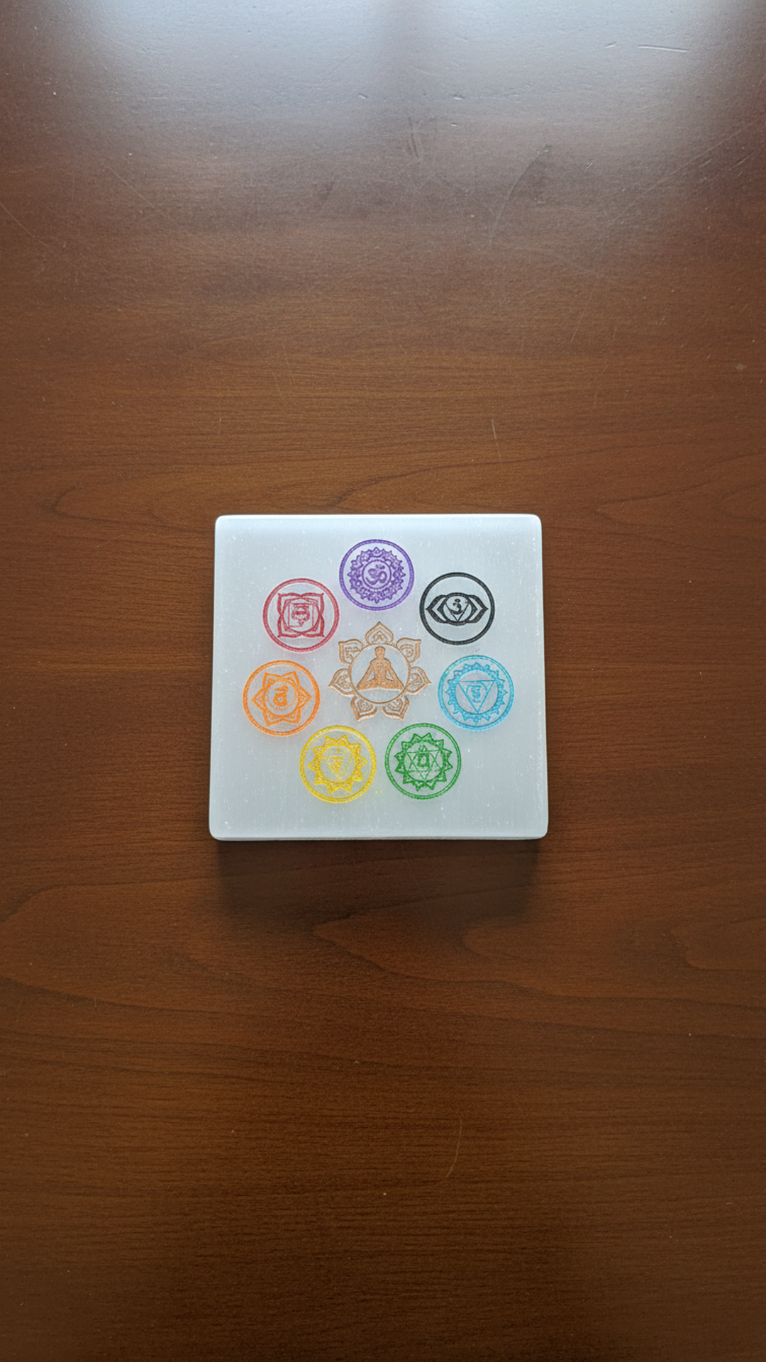 4 INCH - 7 CHAKRA SQUARE SELENITE CRYSTAL PLATE - Creates a peaceful, high-vibration environment