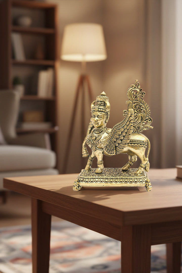 BRASS FLYING KAMDHENU COW STATUE - 3.5 INCH