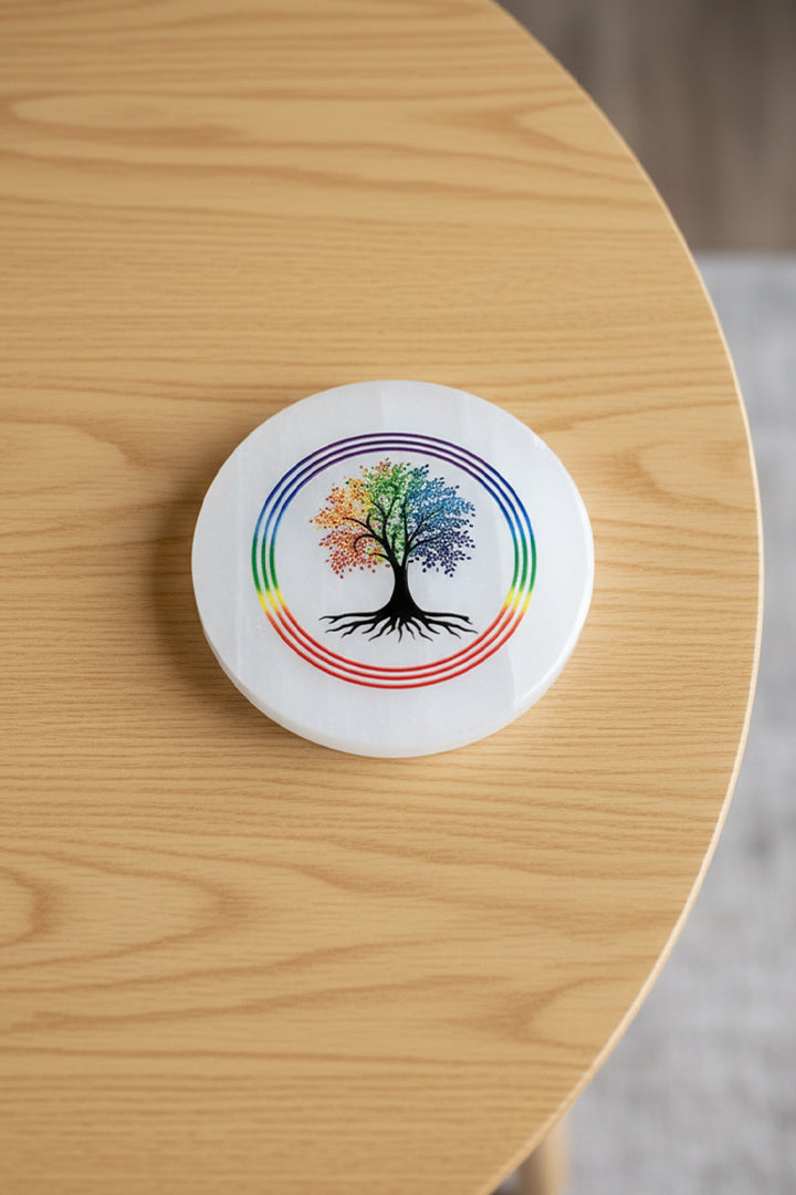 3 INCH - KALPVRIKSHA ROUND CHARGING SELENITE PLATE - Ideal for daily spiritual practice &  energy balancing