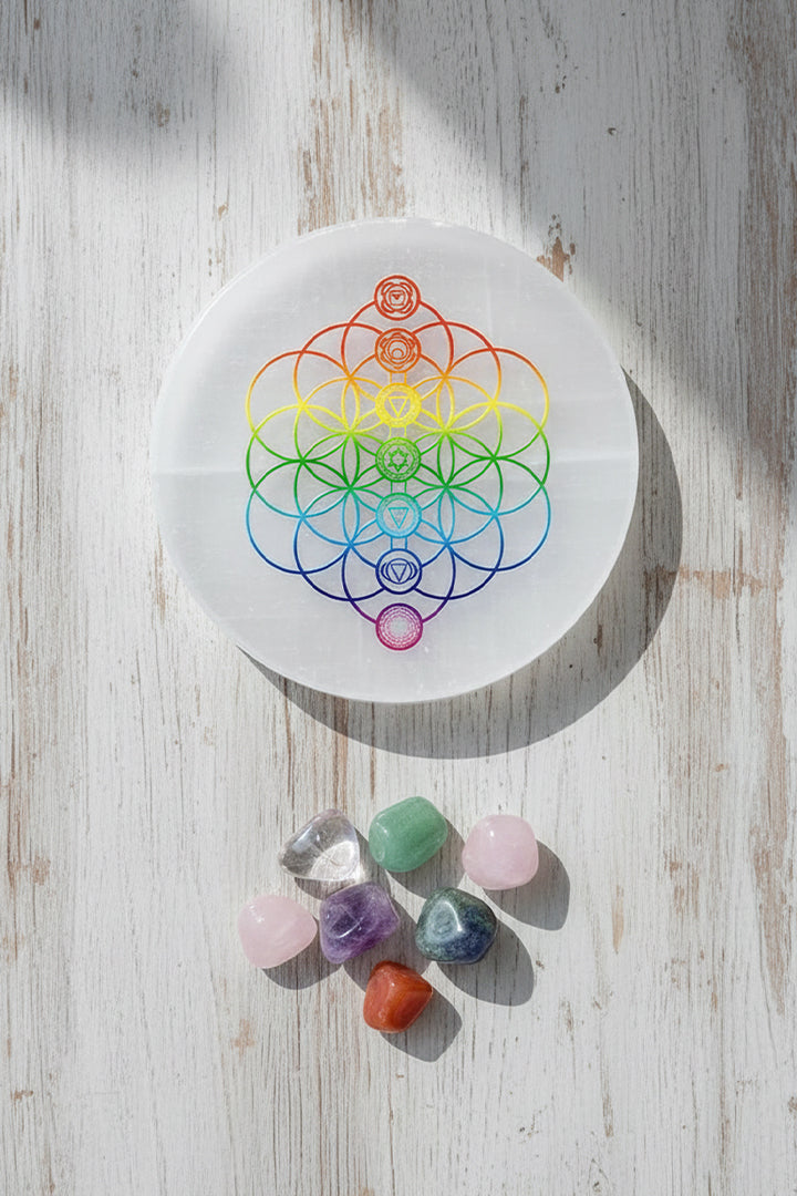 3 INCH - 7 CHAKRA FLOWER ROUND SELENITE CHARGING PLATE - Spiritual altar decoration