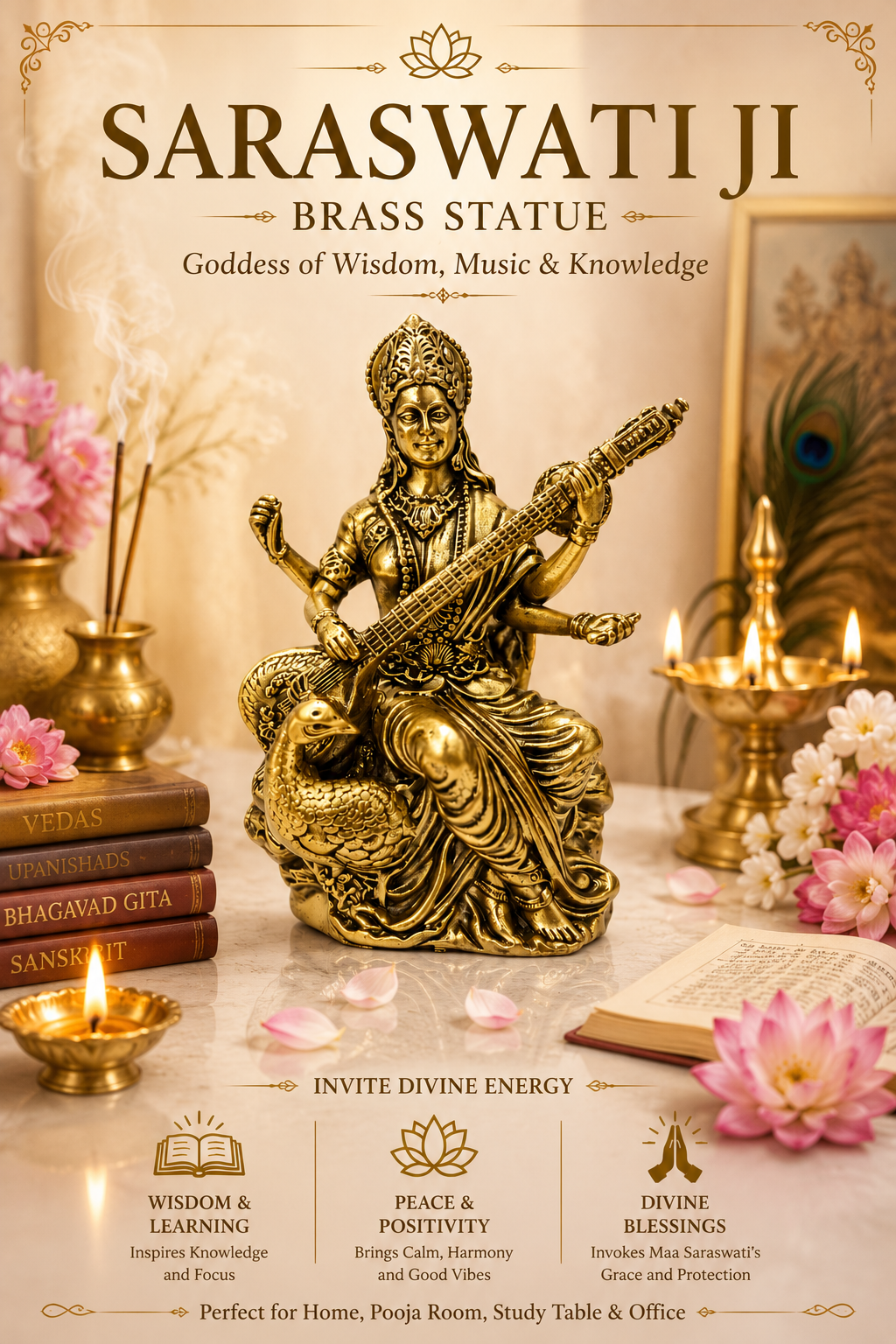 SARASWATI JI BRASS STATUE - 3 INCH