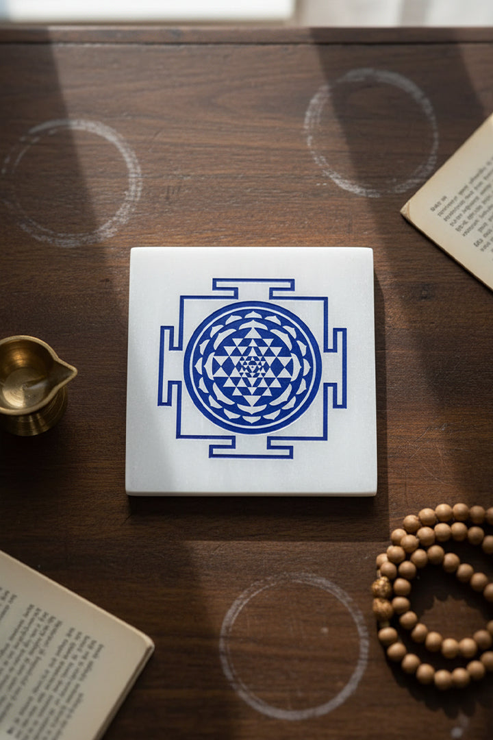 3 INCH - SHREE YANTRA BLUE SQUARE SELENITE CHARGING PLATE -Supports daily spiritual grounding
