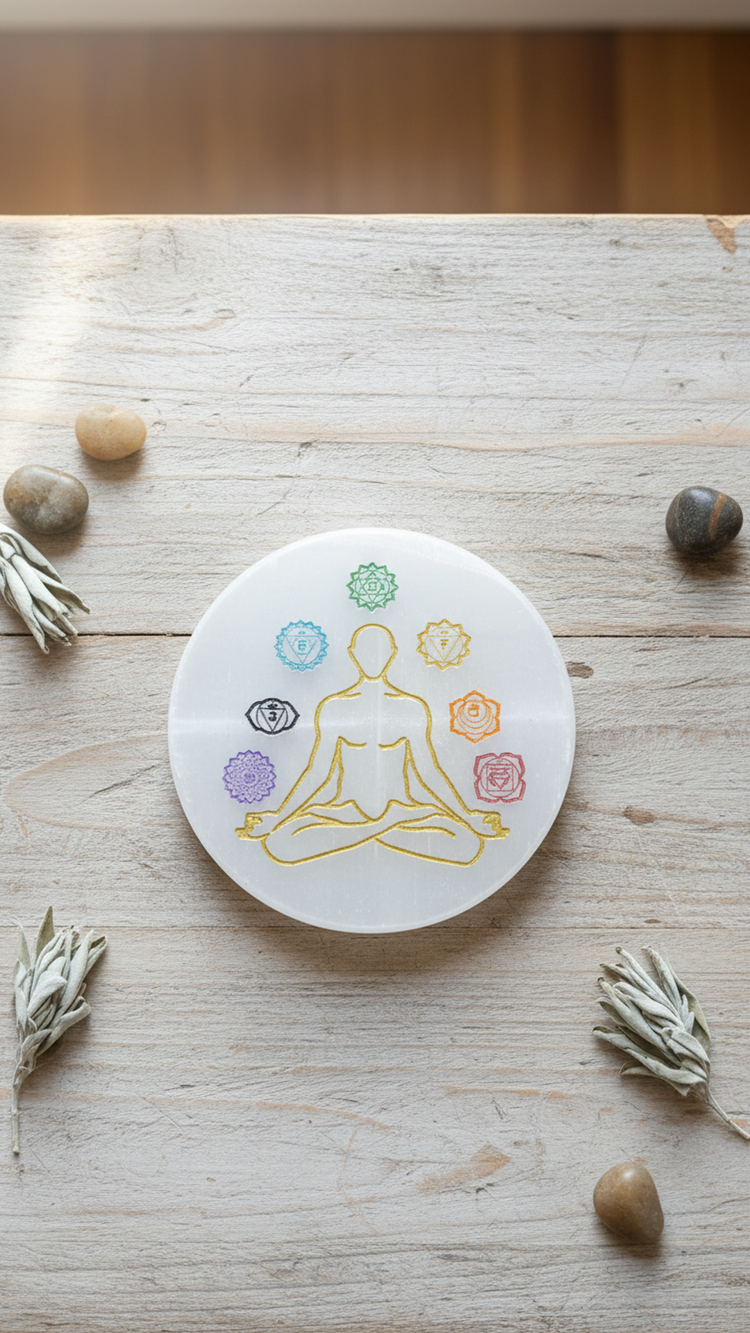 4 INCH - 7 CHAKRA CRYSTAL ROUND SELENITE PLATE - Creates a peaceful & high-vibration environment