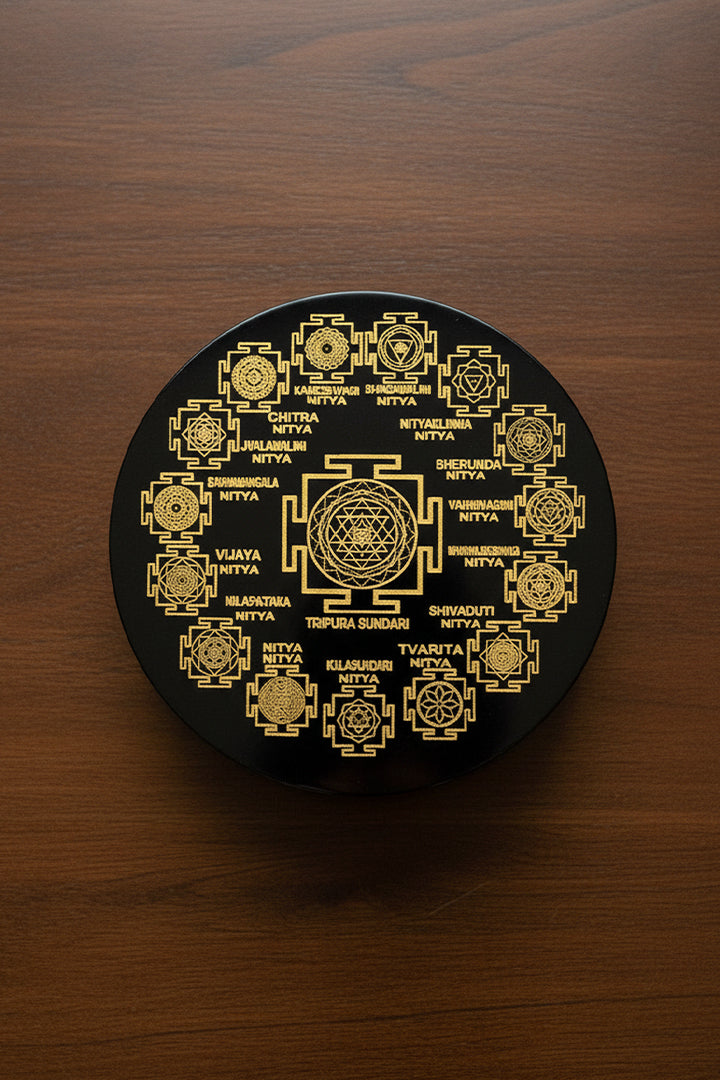 3 INCH - SHRI YANTRA BLACK OBSIDIAN  CRYSTAL PLATE  – Prosperity, Protection & Energy Amplification