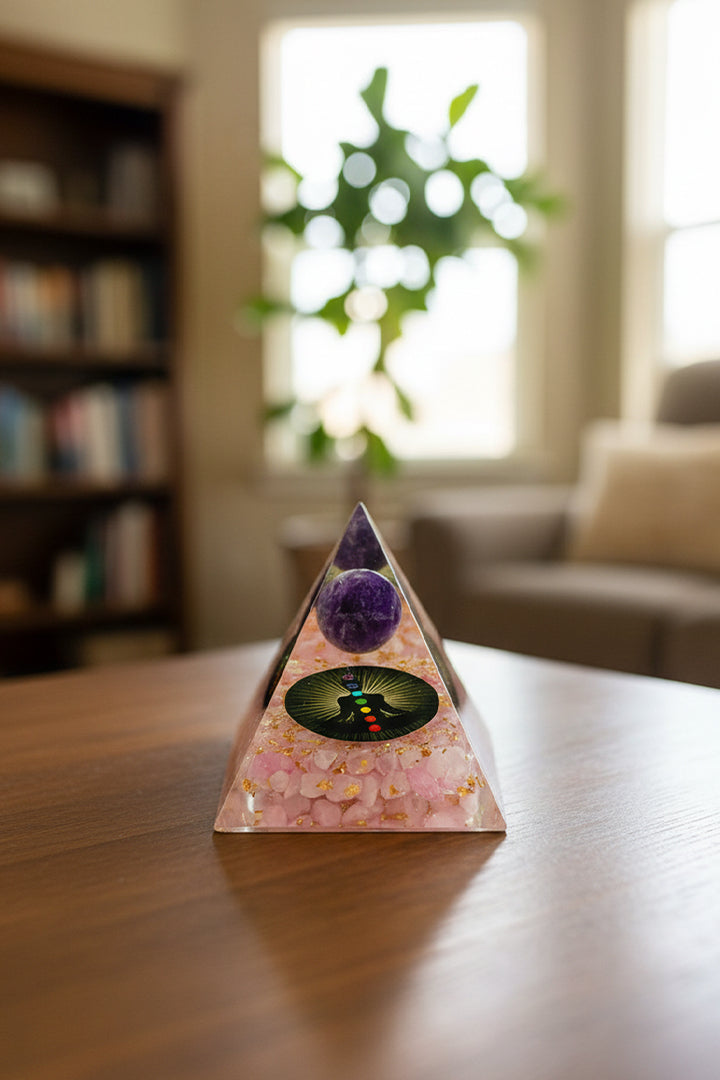 3 INCH ROSE QUARTZ BALL CRYSTAL PYRAMID - For Meditation & chakra healing