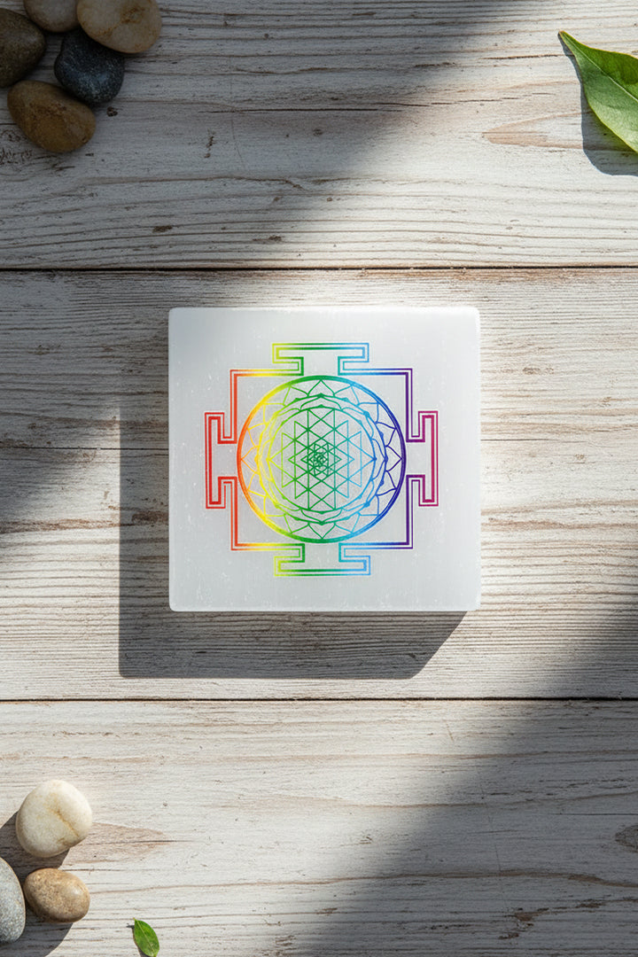 3 INCH - SHREE YANTRA COLOUR SQUARE CRYSTAL SELENITE PLATE -