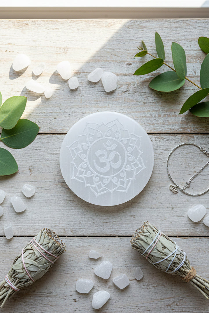 3 INCH - OM ROUND SELENITE CRYSTAL PLATE -