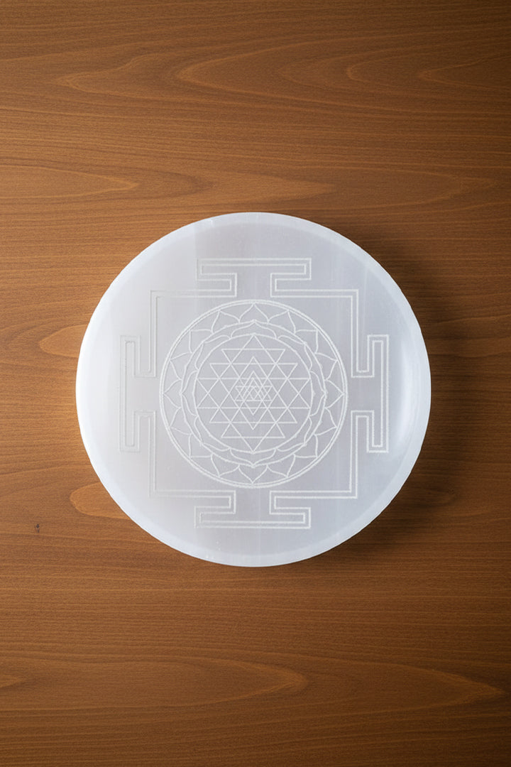 3 INCH -  SHREE YANTRA ROUND SELENITE CRYSTAL CHARGING PLATE - Supports continuous positive energy flow