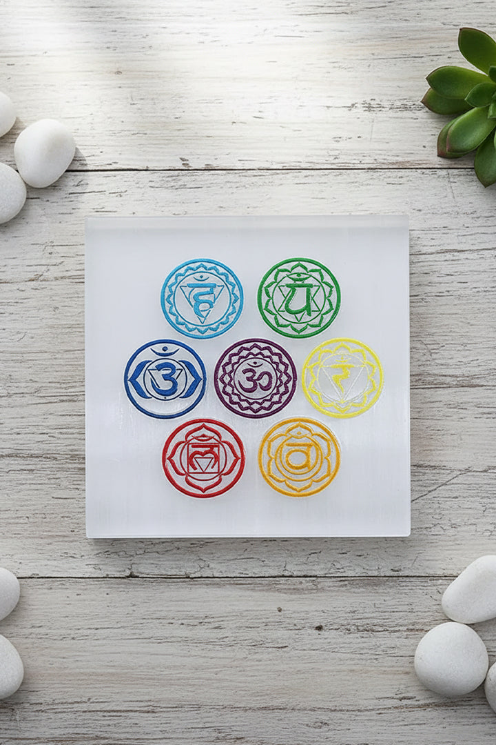 7 CHAKRA HINDI SQUARE SELENITE CHARGING PLATE 3 INCH