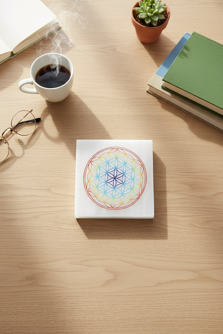 3 INCH - MANDALA COLOR SELENITE CHARGING PLATE - Improves positive energy flow in surroundings