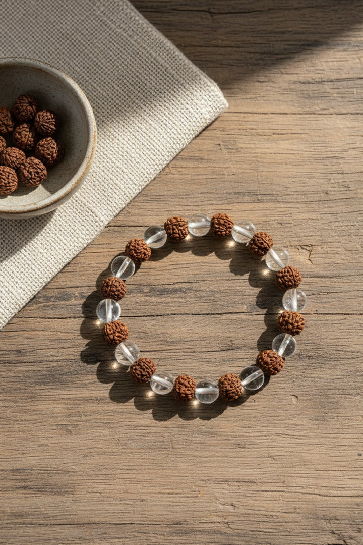 CLEAR QUARTZ CRYSTAL + RUDRAKSH BRACELET -Clarity & Divine Energy