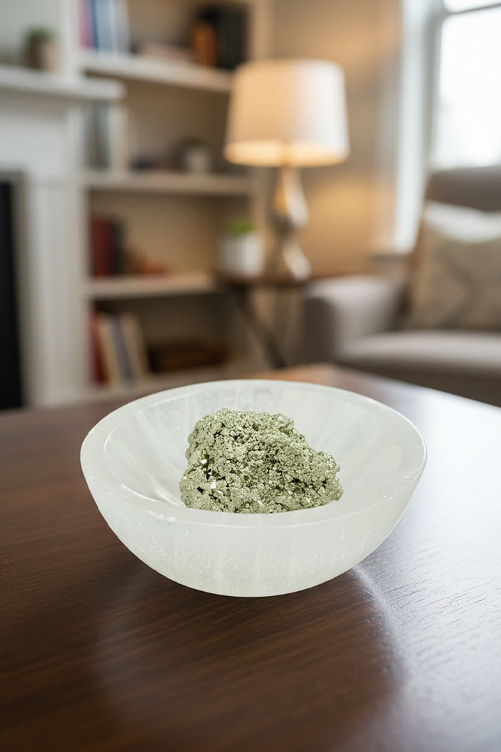 3 INCHES (ROUND SHAPE) - NATURAL SELENITE BOWL + 100 GM PYRITE STONE – Abundance & Energy Amplification Set