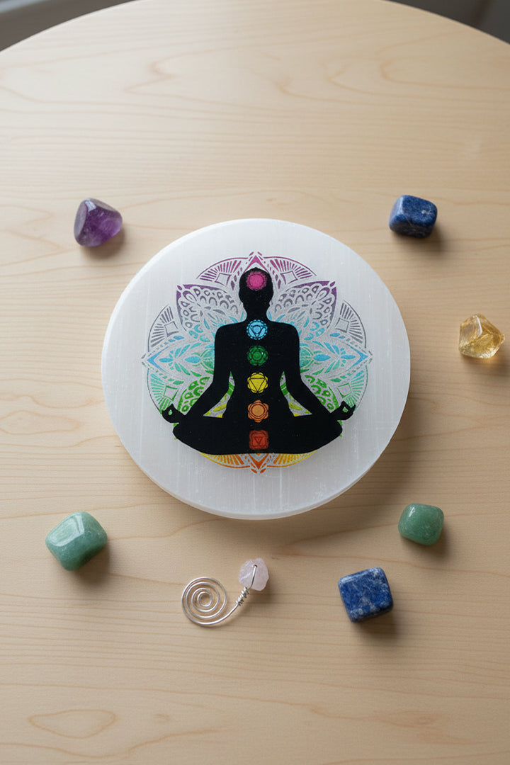 3 INCH - AURA COLOR ROUND CHARGING SELENITE PLATE - Aura Energy Detox & High Vibrational Healing