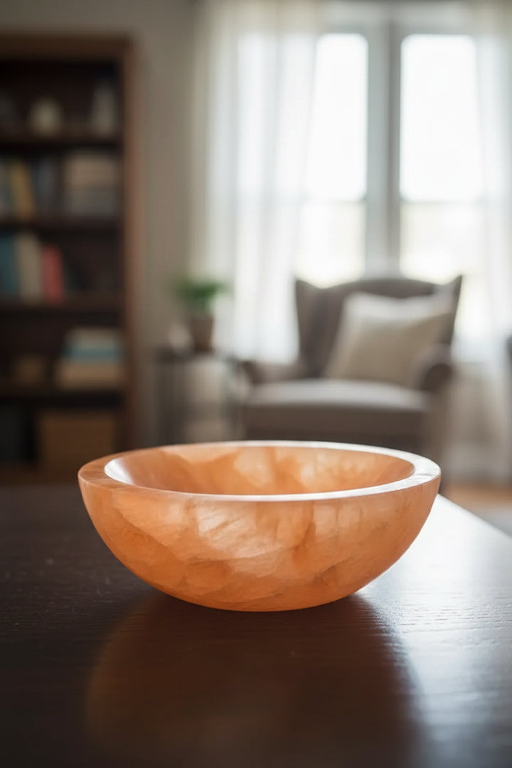 15CM - ORANGE ROUND CRYSTAL BOWL - Orange Selenite Charging & Cleansing Bowl