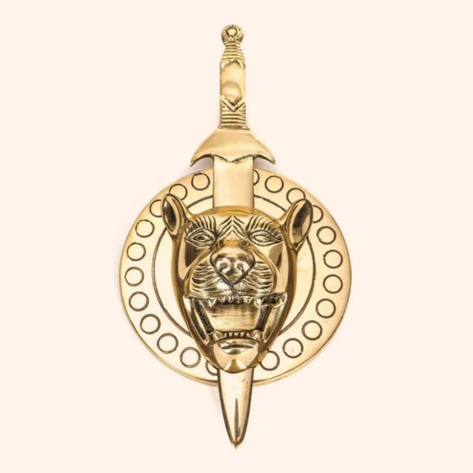 VASTU VARDAN BRASS LION WITH TALWAR STATUE