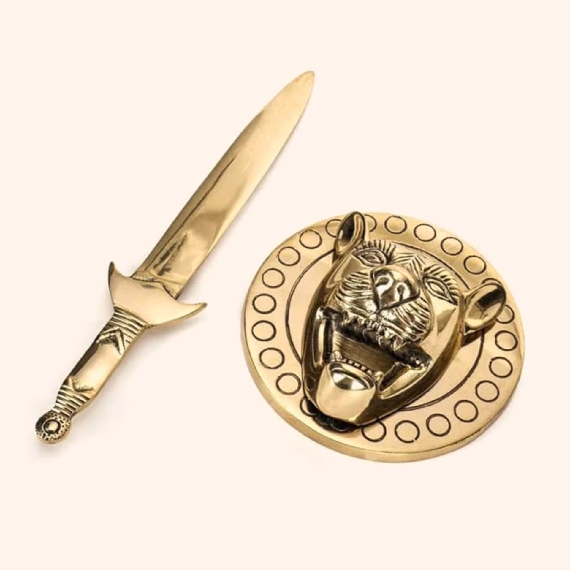 VASTU VARDAN BRASS LION WITH TALWAR STATUE