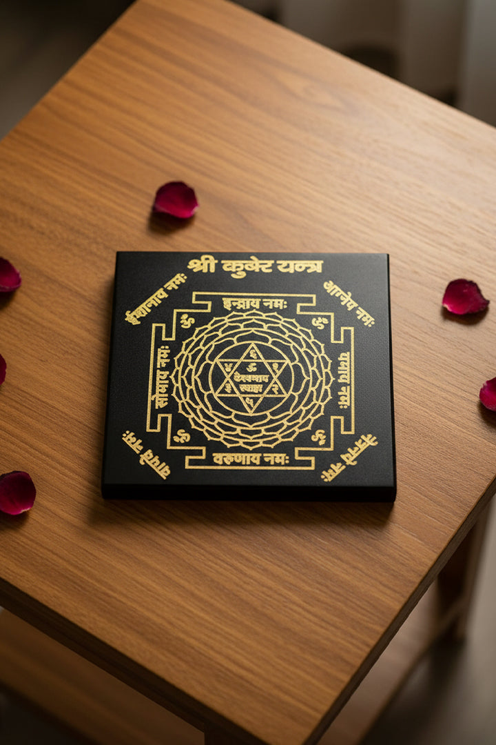 3 INCH - SHREE KUBER YANTRA BLACK OBSIDIAN CRYSTAL PLATE - Powerful Vastu remedy for prosperity activation