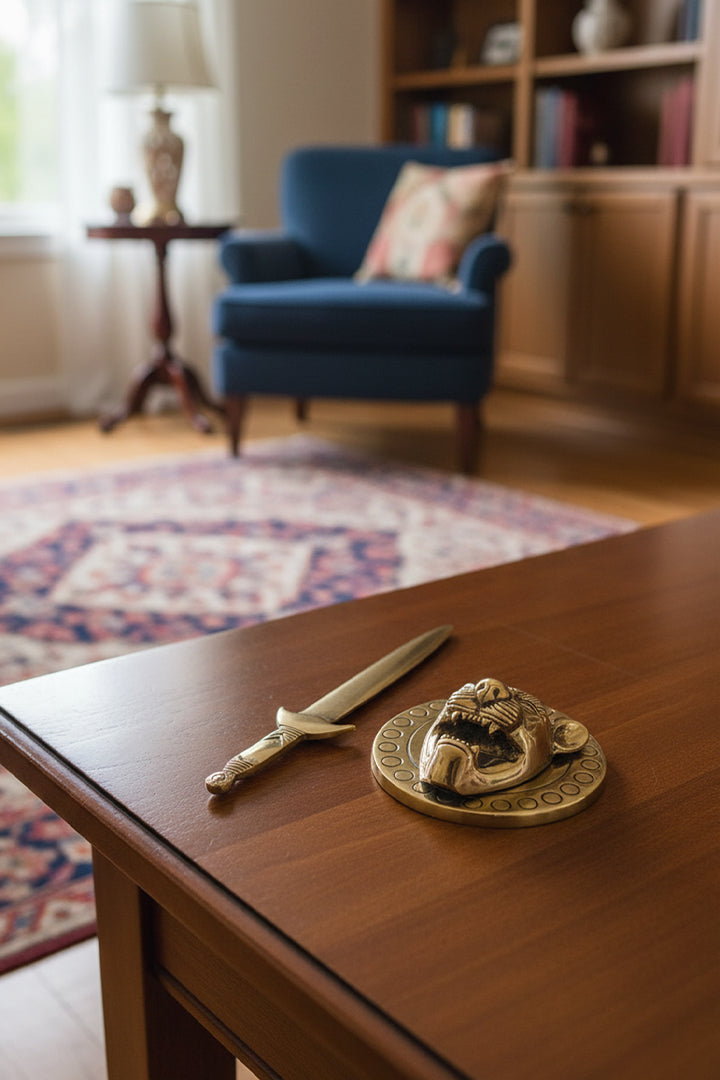 VASTU VARDAN BRASS LION WITH TALWAR STATUE