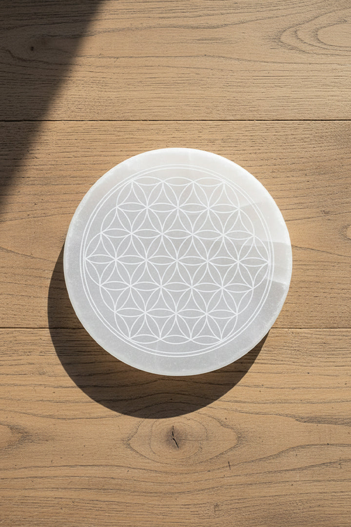 3 INCH - MANDALA ROUND CRYSTAL SELENITE PLATE - Spiritual & chakra healing practices