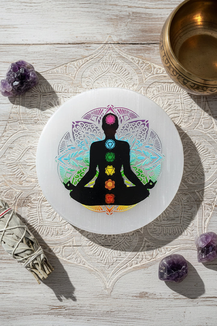 3 INCH - AURA COLOR ROUND CHARGING SELENITE PLATE - Aura Energy Detox & High Vibrational Healing