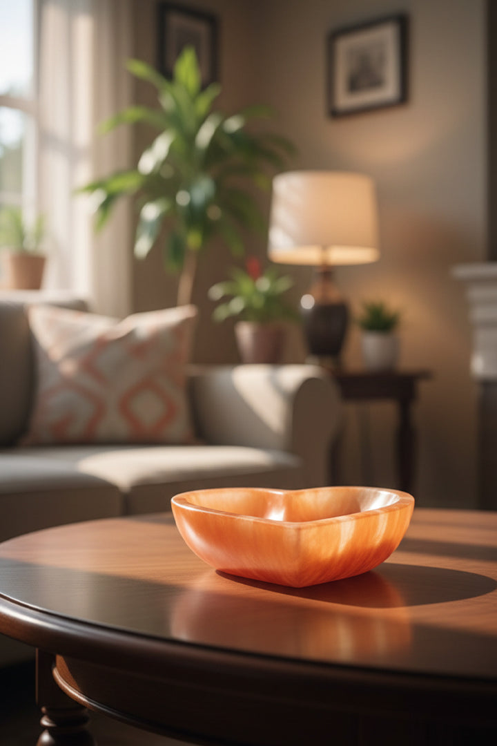15 CM - ORANGE HEART CRYSTAL BOWL - Spiritual gift  &  decorative crystal bowl