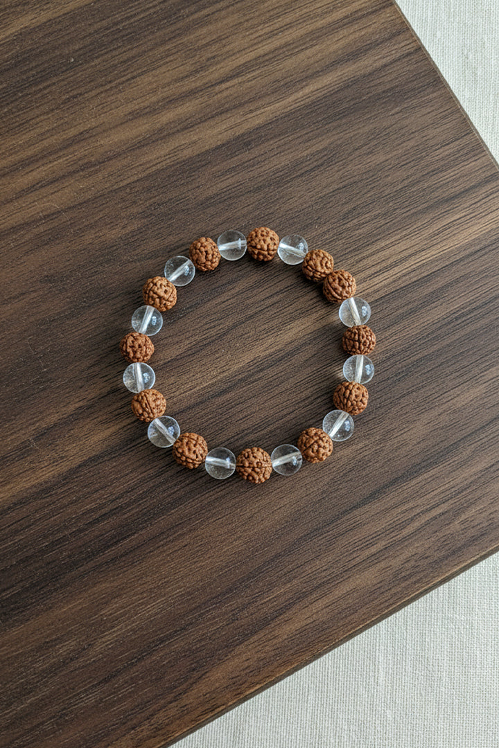 CLEAR QUARTZ CRYSTAL + RUDRAKSH BRACELET -Clarity & Divine Energy