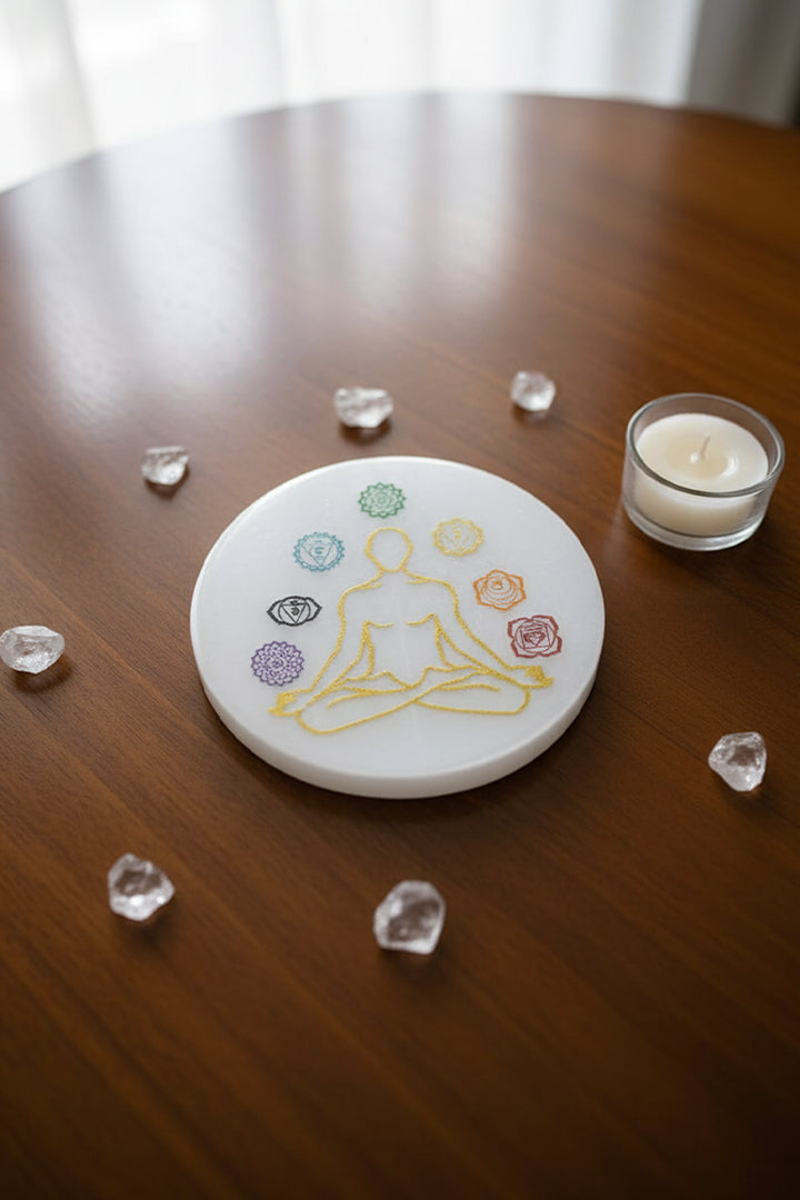 3 INCH - 7 CHAKRA CRYSTAL CHARGING SELENITE PLATE - Creates a peaceful & high-vibration environment