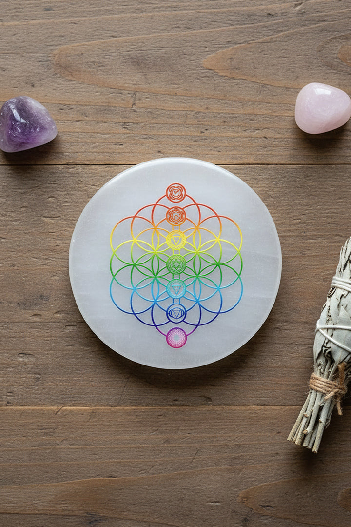 3 INCH - 7 CHAKRA FLOWER ROUND SELENITE CHARGING PLATE - Spiritual altar decoration