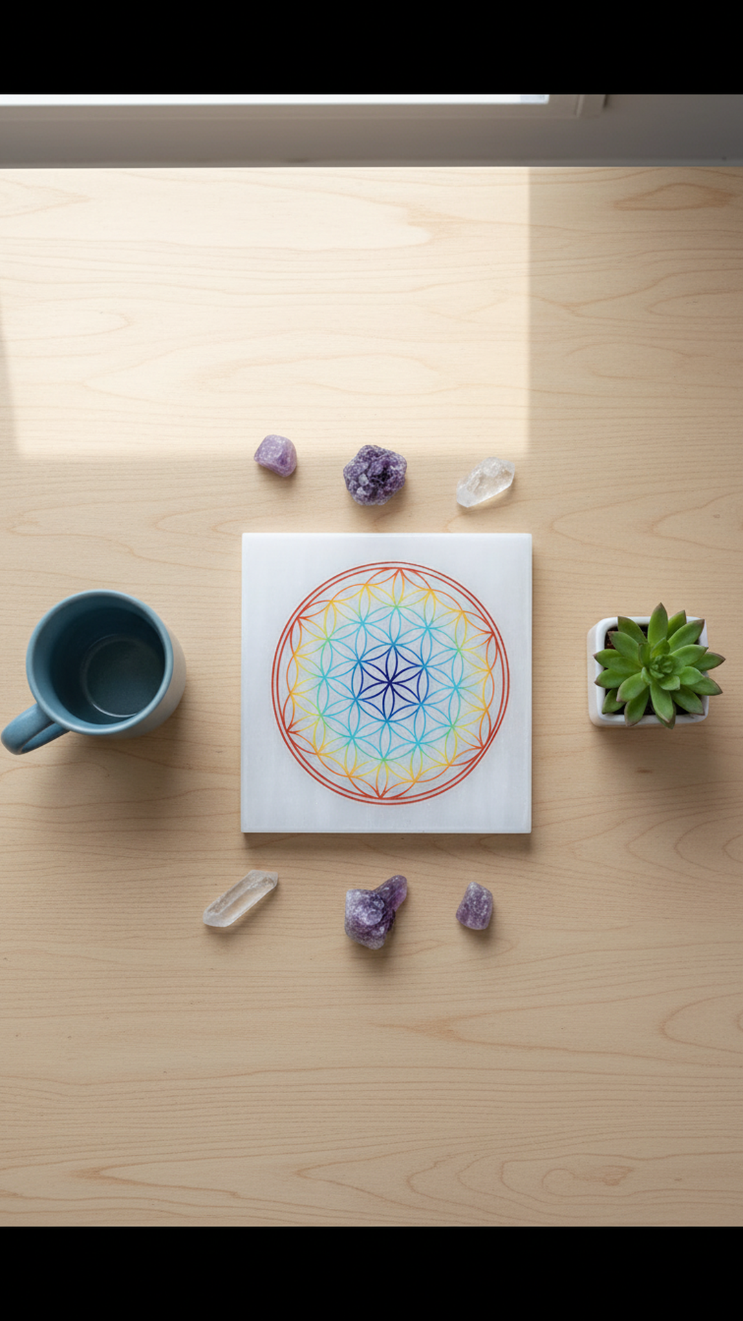 4 INCH - MANDALA COLOR SQUARE CRYSTAL SELENITE PLATE - Crystal charging & cleansing