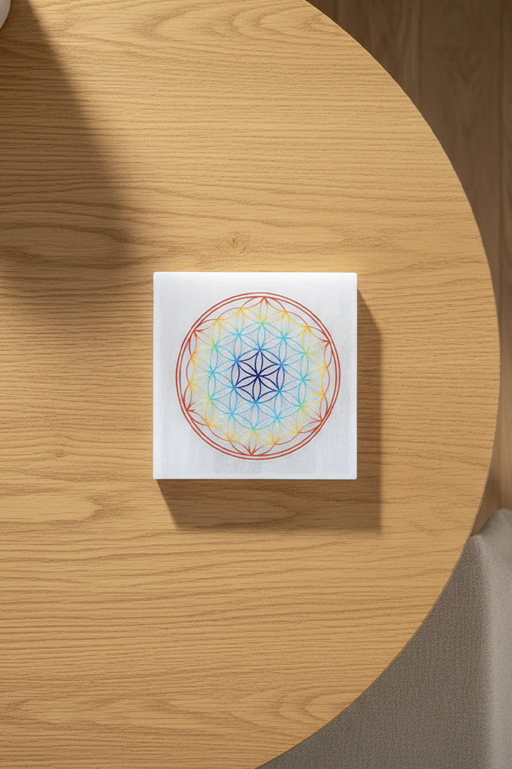 3 INCH - MANDALA COLOR SELENITE CHARGING PLATE - Improves positive energy flow in surroundings
