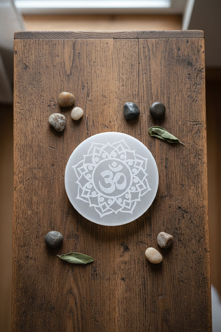3 INCH - OM ROUND SELENITE CRYSTAL PLATE -
