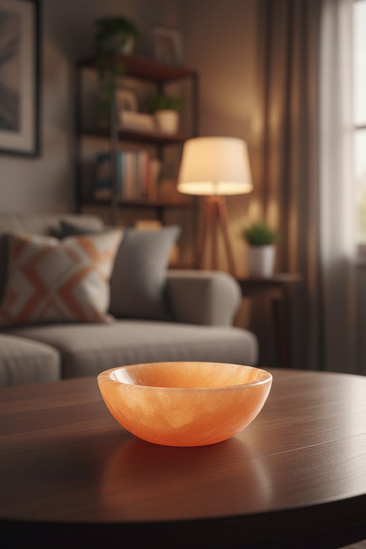 15CM - ORANGE ROUND CRYSTAL BOWL - Orange Selenite Charging & Cleansing Bowl
