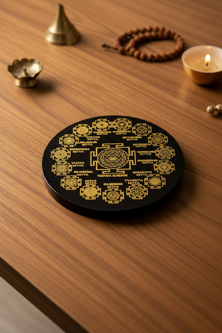 3 INCH - SHRI YANTRA BLACK OBSIDIAN  CRYSTAL PLATE  – Prosperity, Protection & Energy Amplification