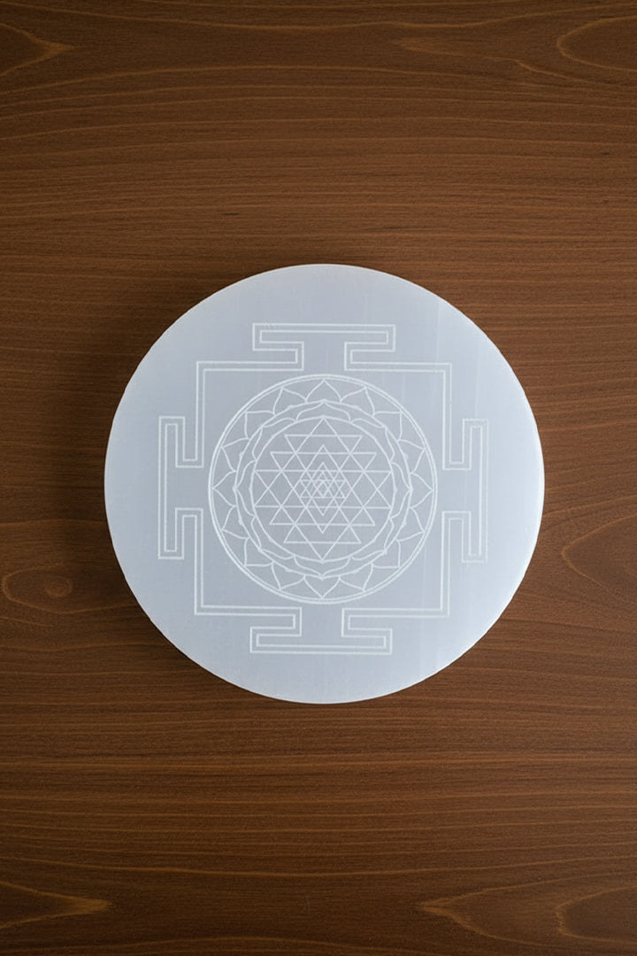 3 INCH -  SHREE YANTRA ROUND SELENITE CRYSTAL CHARGING PLATE - Supports continuous positive energy flow
