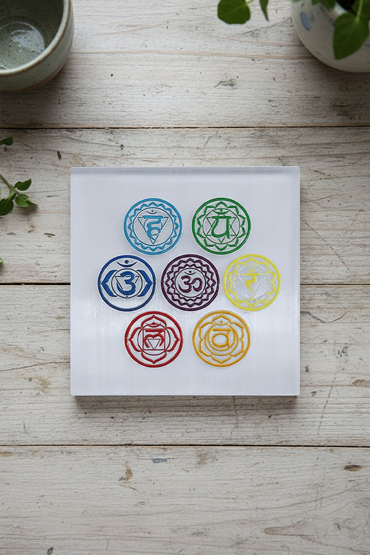 7 CHAKRA HINDI SQUARE SELENITE CHARGING PLATE 3 INCH