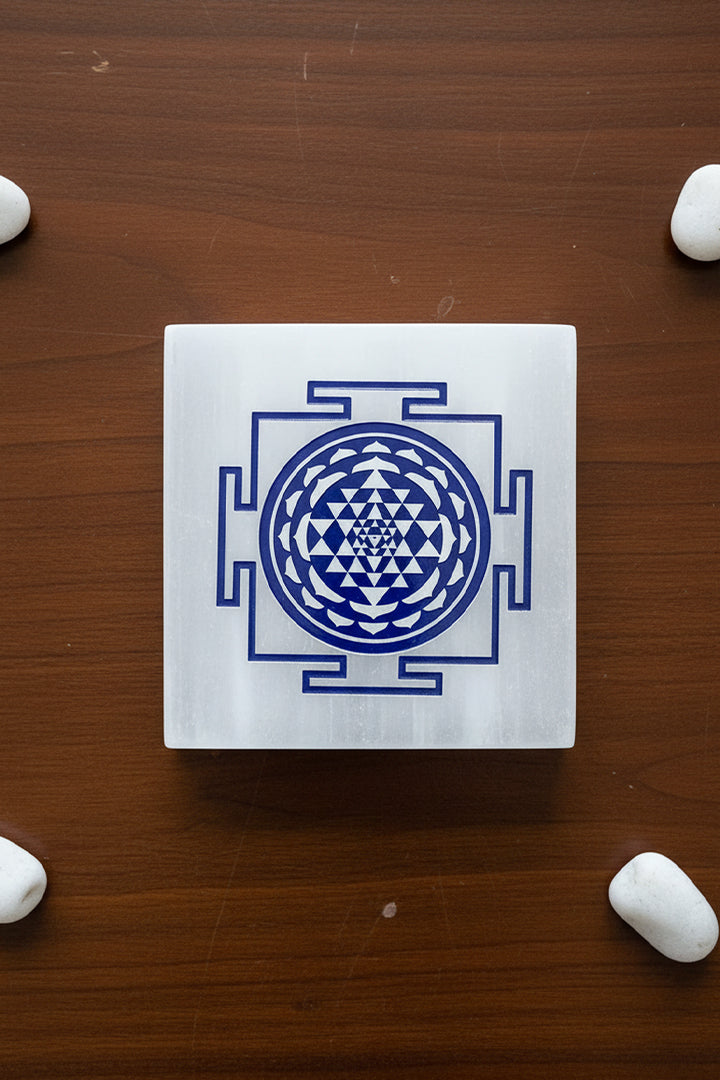 3 INCH - SHREE YANTRA BLUE SQUARE SELENITE CHARGING PLATE -Supports daily spiritual grounding