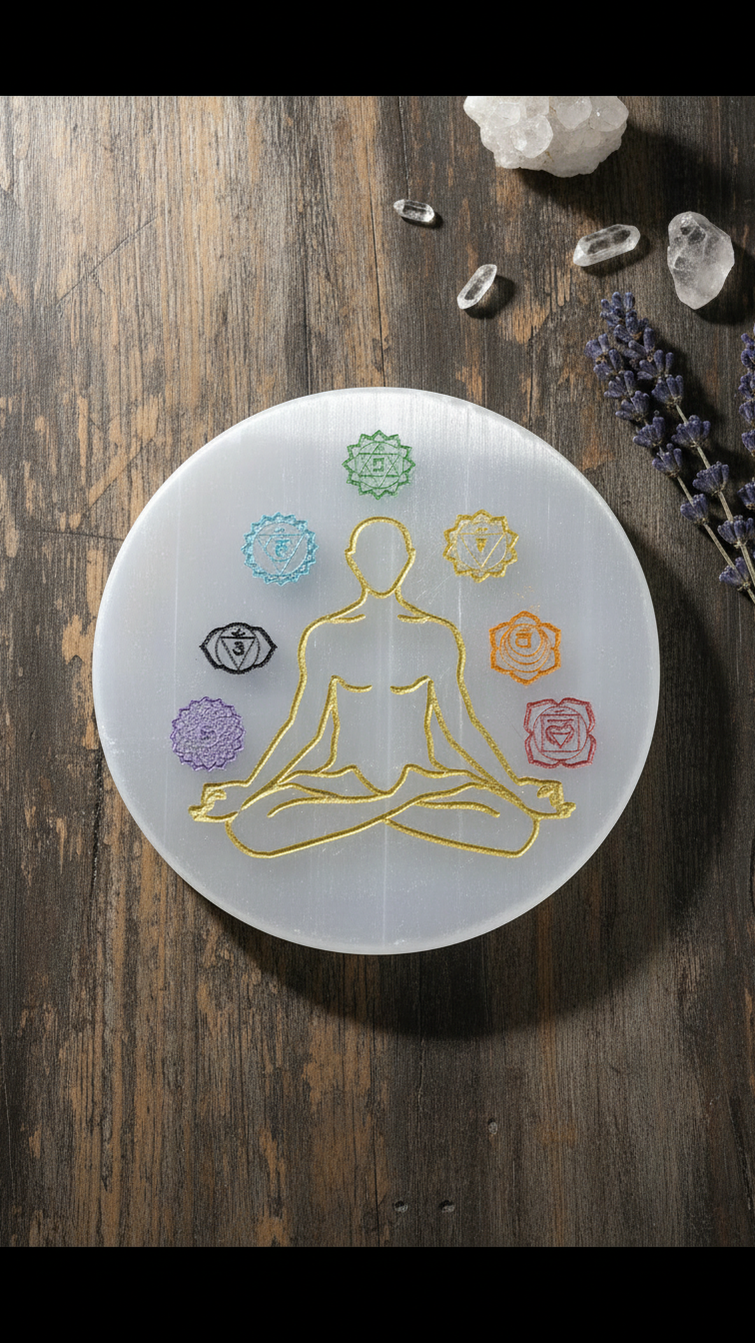4 INCH - 7 CHAKRA CRYSTAL ROUND SELENITE PLATE - Creates a peaceful & high-vibration environment