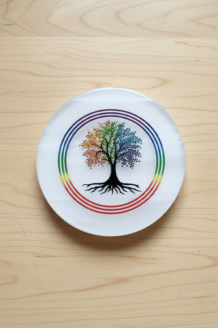 3 INCH - KALPVRIKSHA ROUND CHARGING SELENITE PLATE - Ideal for daily spiritual practice &  energy balancing