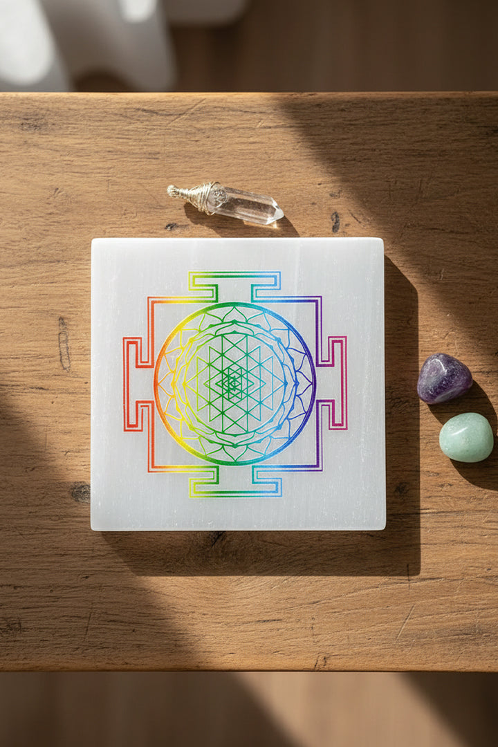 3 INCH - SHREE YANTRA COLOUR SQUARE CRYSTAL SELENITE PLATE -
