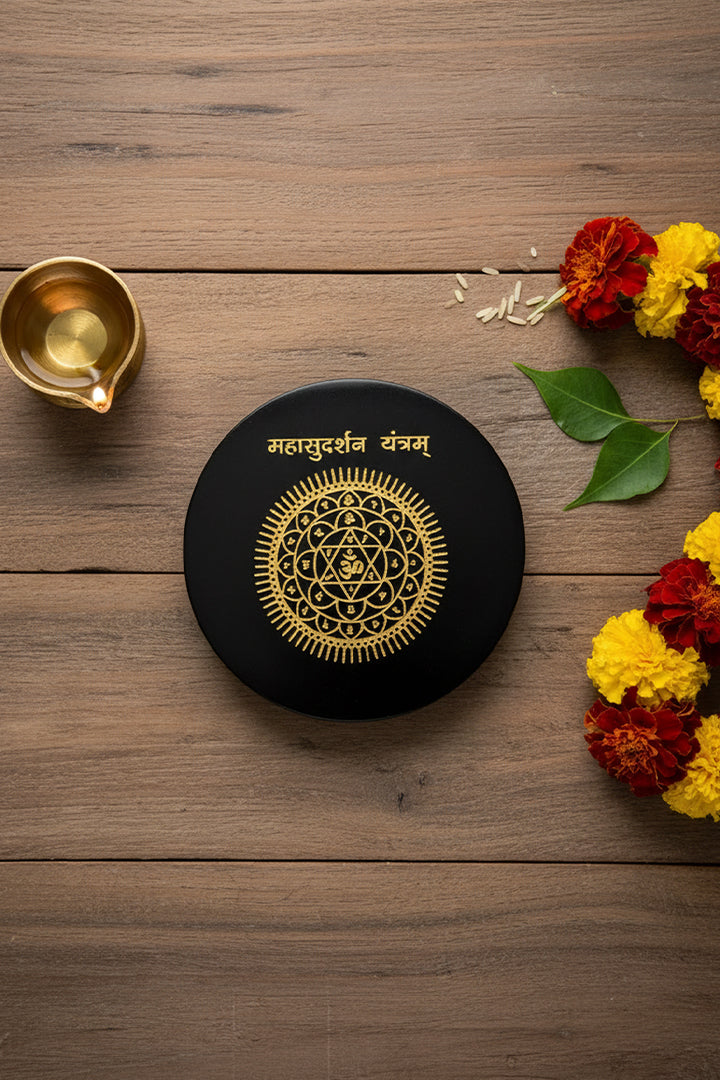 3 INCH - MAHASUDHARSHAN YANTRA BLACK OBSIDIAN CRYSTAL PLATE - Divine Energy Protection