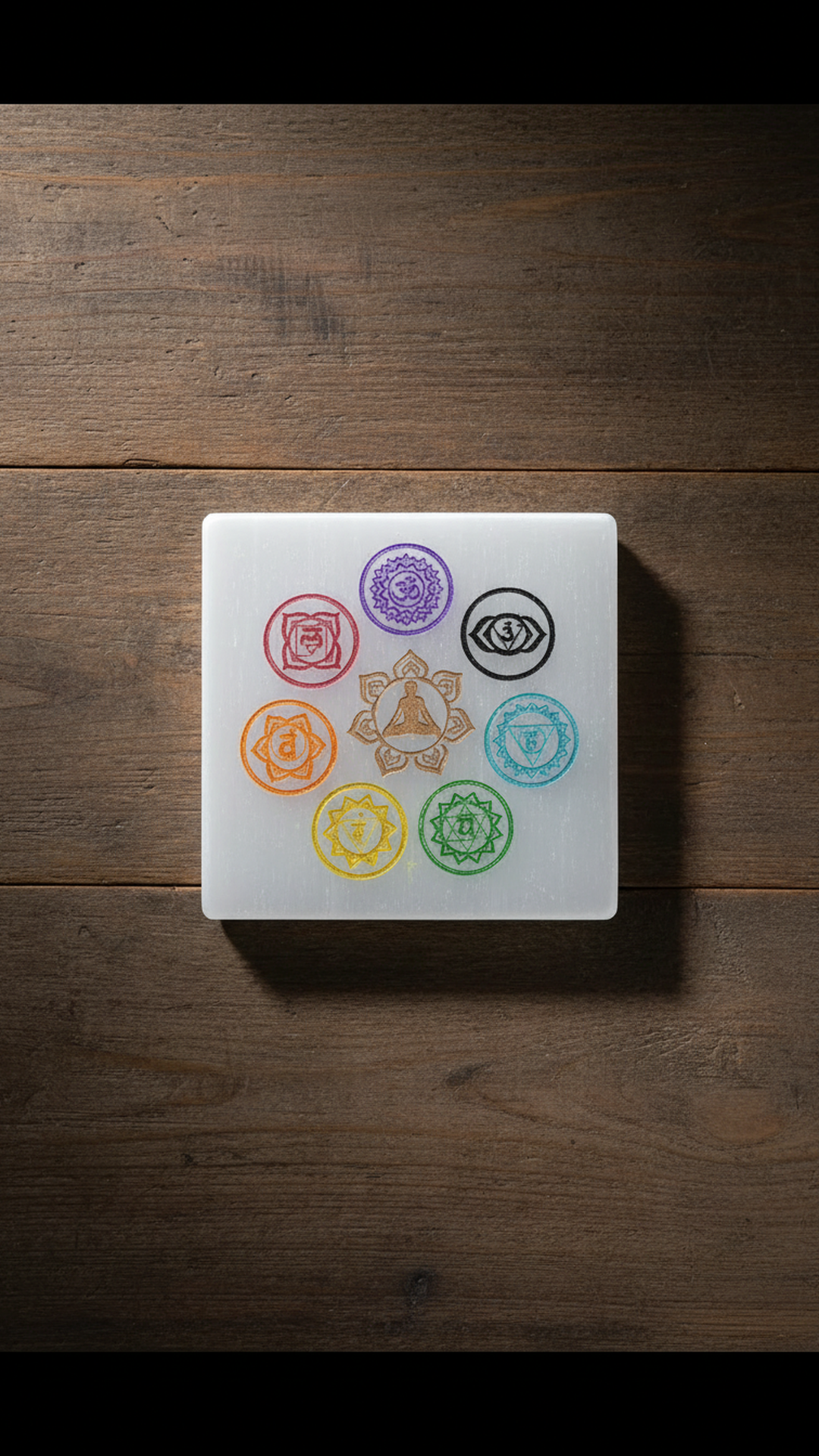 4 INCH - 7 CHAKRA SQUARE SELENITE CRYSTAL PLATE - Creates a peaceful, high-vibration environment